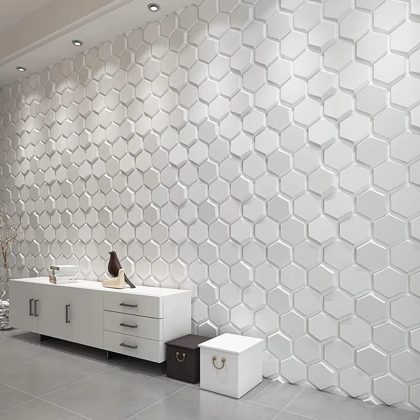 White 3D Wall Panels Pvc hexagonal pattern Design 3D Embossed Texture Hotel Decorative