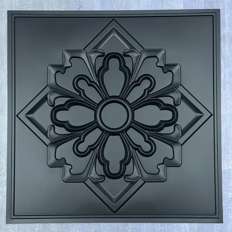Zejing Industrial Design Style Blalck Pvc Ceiling Tiles Vintage Pattern Waterproof Class Fire Rated Artistic Design for Hotel Interior Decorative Embossed Ceil Panels D231黑色.jpg