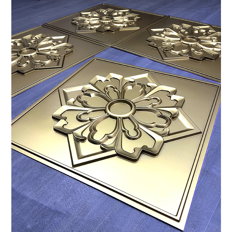 Zejing 3D Embossed PVC Ceiling Panel Tiles Easy-to-Install Wall Panels for Mall Bathroom Hotel Square Shape  D231香槟金4.jpg