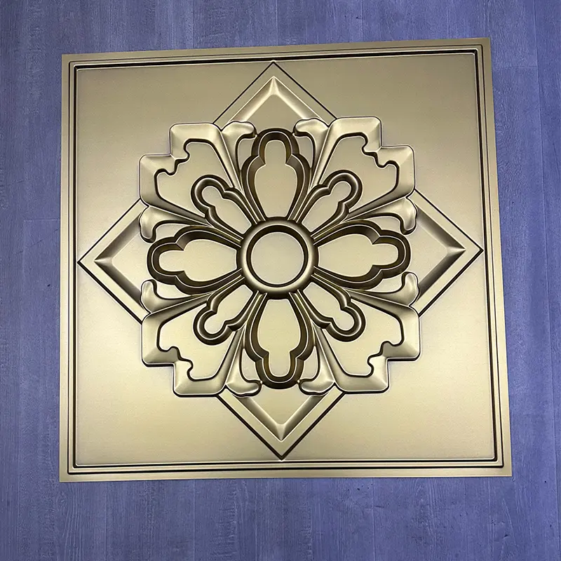 Zejing 3D Embossed PVC Ceiling Panel Tiles Easy-to-Install Wall Panels for Mall Bathroom Hotel Square Shape  D231香槟金.jpg